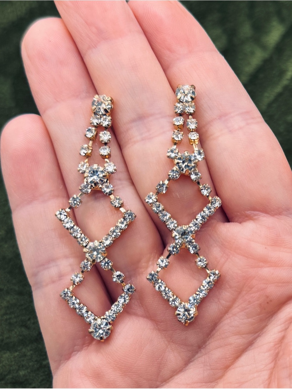 Sparkling Clear Rhinestone Drop Earrings w/ Gold Accents- Great Movement
